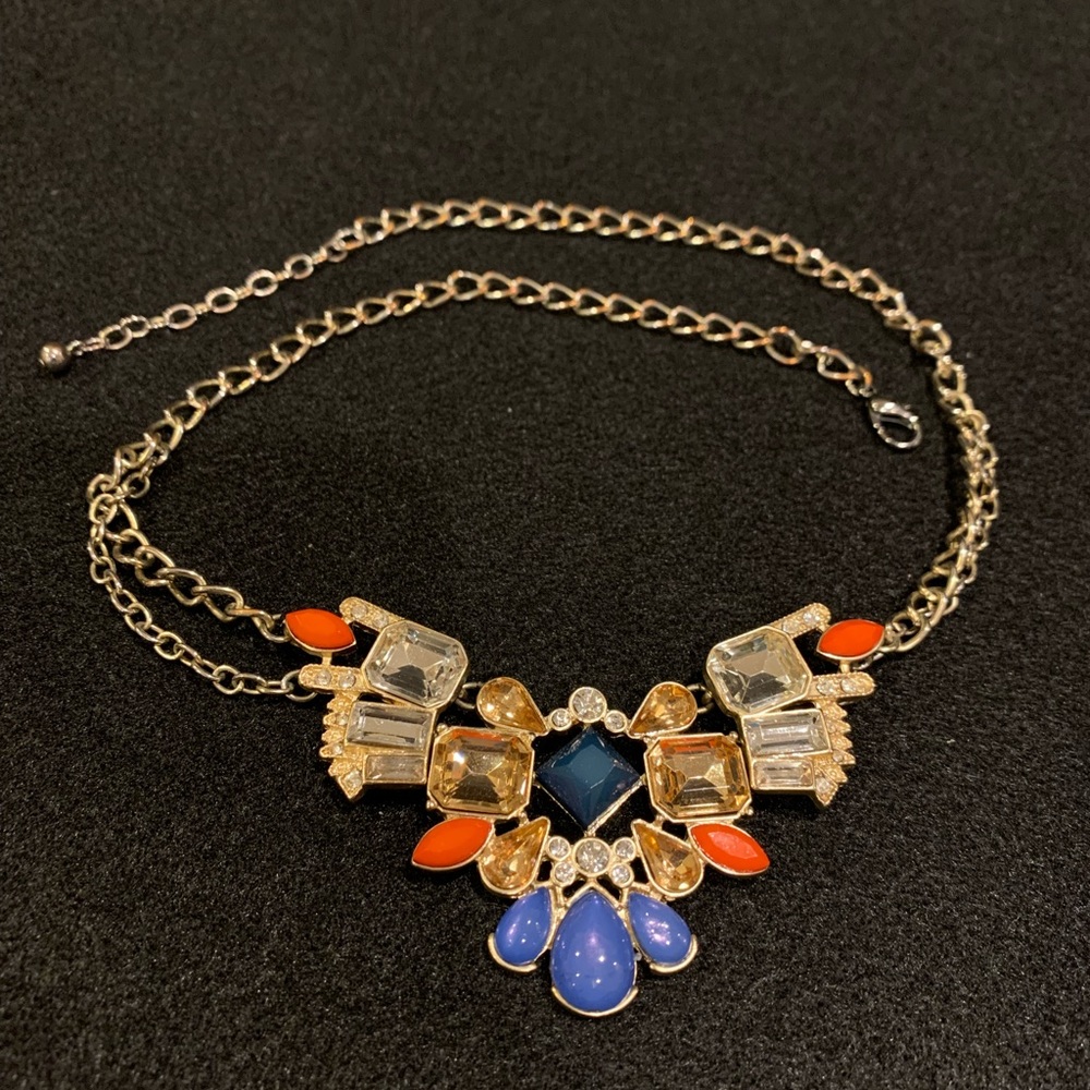 The Limited - Statement necklace, clear, tan, blue, and orange rhinestones
